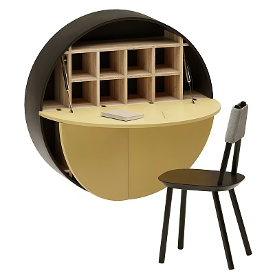 Modern Round Desk And Chair Set With Wooden Storage Compartments And Yellow Tabletop 3d model