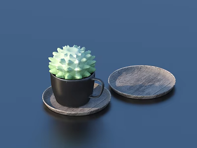 Green Cactus Set In Black Cup With Round Wooden Trays On Dark Surface 3d model