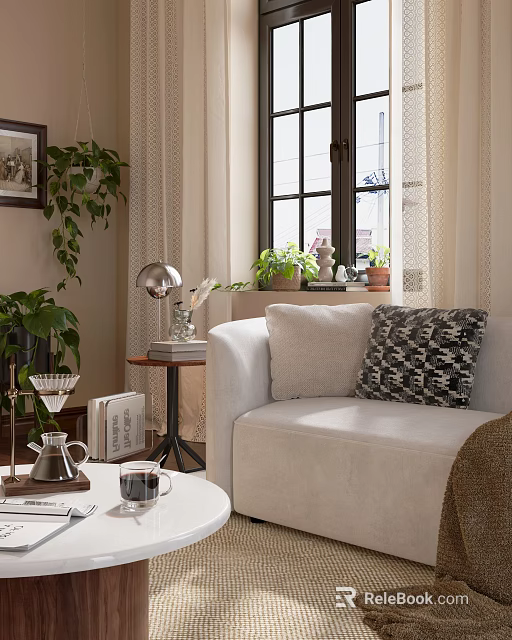 Cozy Living Room with Sofa Patterned Pillows Potted Plants Near Window Table Lamp Coffee Cup 3d model 