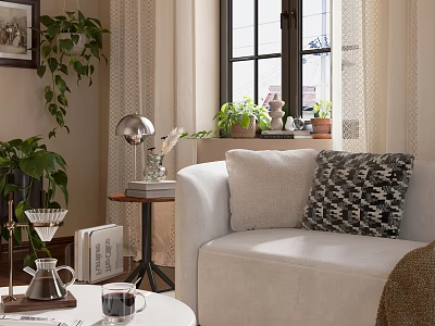 Cozy Living Room with Sofa Patterned Pillows Potted Plants Near Window Table Lamp Coffee Cup 3d model