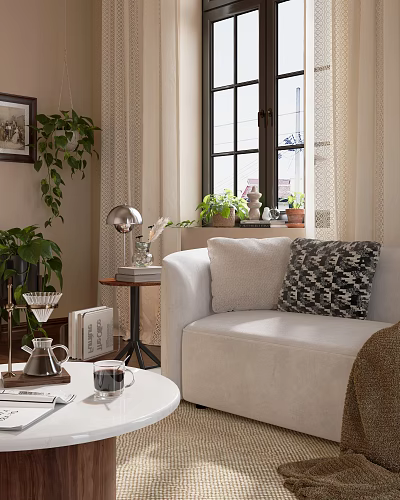 Cozy Living Room with Sofa Patterned Pillows Potted Plants Near Window Table Lamp Coffee Cup 3d model