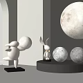 Modern Moon Shaped Floor Lamp With Rabbit Figurines In Interior Decor 3d model