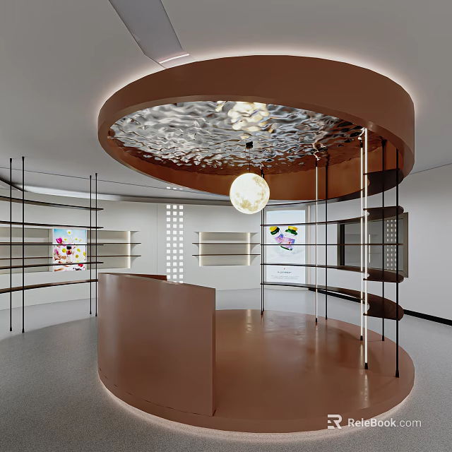 Modern Interior Showroom With Round Counter Display Shelves And Decorative Ceiling Lighting 3d model 