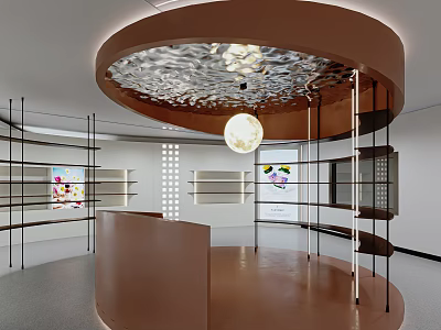 Modern Interior Showroom With Round Counter Display Shelves And Decorative Ceiling Lighting 3d model
