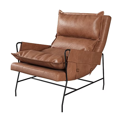 Modern Brown Leather Accent Chair With Black Metal Frame Padded Seat And Armrests 3d model