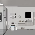 Modern Bathroom Interior Design With Glass Partition Shower Area White Toilet Vanity Mirror And Cabinets