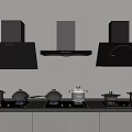 Modern Kitchen Appliances Featuring Range Hoods Gas Stoves And Covered Pots 3d model