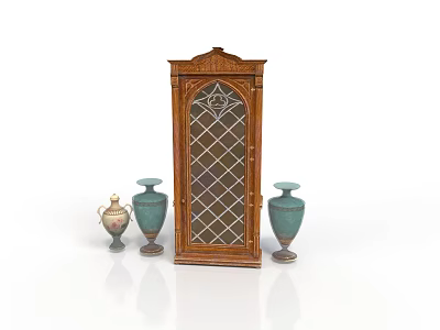 Traditional Wooden Cabinet With Lattice Window Design And Turquoise Brass Vases 3d model