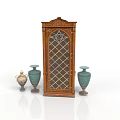 Traditional Wooden Cabinet With Lattice Window Design And Turquoise Brass Vases