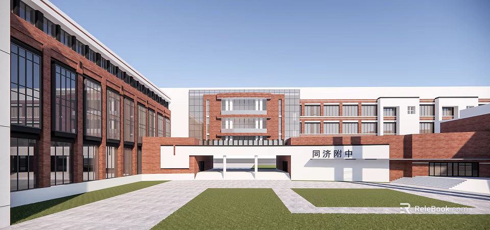 Modern Red Brick School Building With Multi story Design Spacious Entrance Plaza and Green Lawn 3d model 