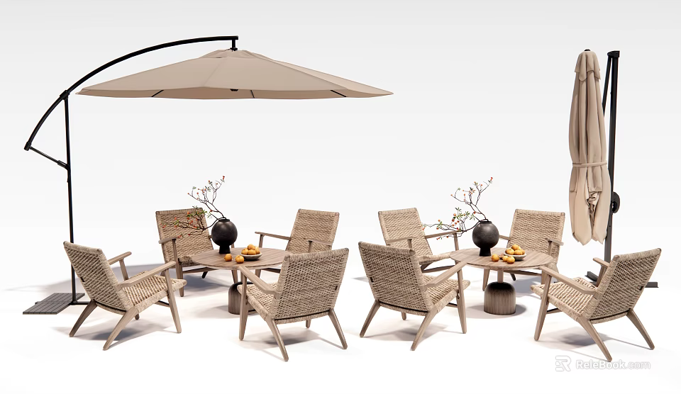 Wicker Outdoor Chairs With Matching Table And Patio Umbrella For Garden Relaxation 3d model 