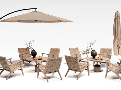 Wicker Outdoor Chairs With Matching Table And Patio Umbrella For Garden Relaxation 3d model