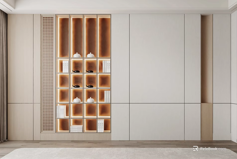 Modern Light Wood Decorative Cabinet With Built In Shelves And Illuminated Ornament 3d model 