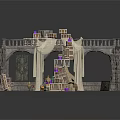 Stone Building With Arched Doorway Balcony Stacked Wooden Crates Purple Markers And White Drapes