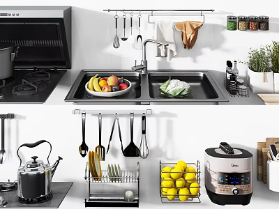 Modern Kitchen With Cooking Utensils Pots Spoons Knives Rice Cooker Fresh Fruits Vegetables And Lemons 3d model