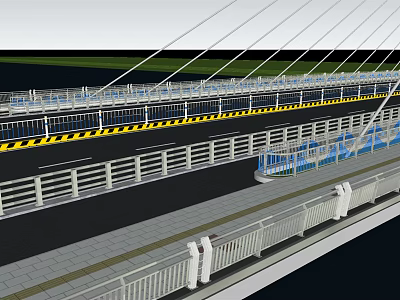 Modern Cable Stayed Bridge Structure With Road Lanes Railings And Sidewalk Design 3d model