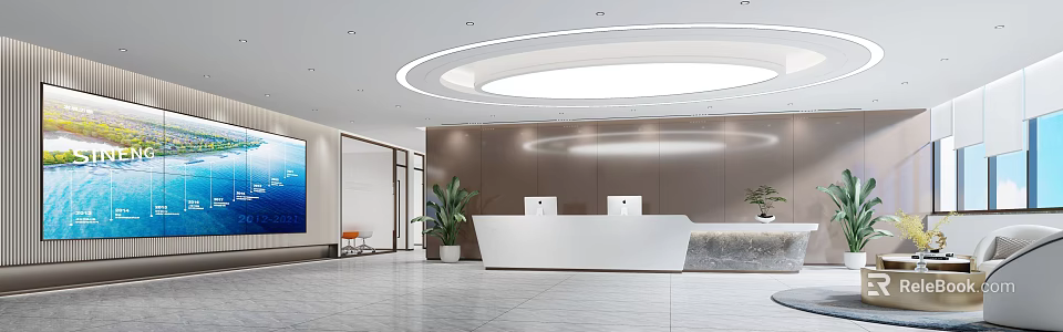 Modern Reception Desk With White Counter Brown Accent Wall Round Ceiling Light And Green Plant 3d model 