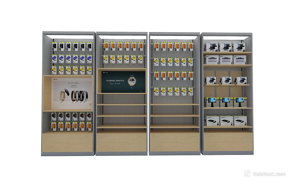 Multi Tiered Modular Display Shelving Units with Organized Product Arrangement 3d model