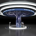 Modern Circular Display Kiosk With Blue Top Tree Shaped Column And Interactive Stations 3d model