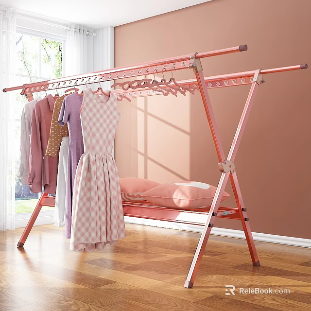 Pink Metal Clothes Drying Rack with Hanging Clothes and Pillow in Bright Indoor Space 3d model 
