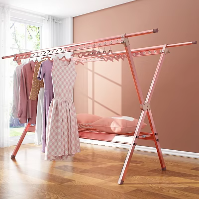 Pink Metal Clothes Drying Rack with Hanging Clothes and Pillow in Bright Indoor Space 3d model