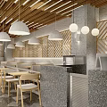 Elegant Modern Restaurant Interior With Open Kitchen Pendant Lights And Wooden Tables