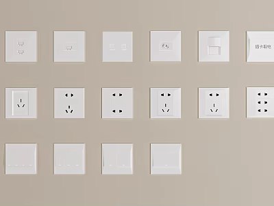 White Switch Panels with Various Sockets and Controls Mounted on Beige Wall 3d model