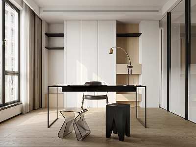 Modern Study Room Interior Design With Black Desk Chair Floor Lamp And Wooden Floor 3d model