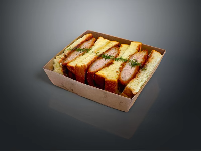 Sliced Bread With Meat And Fresh Herbs In Paper Box For Tasty Snack 3d model