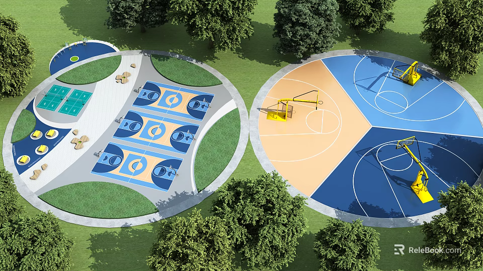 Outdoor Recreational Space Featuring Circular Design Colorful Sports Courts And Surrounding Trees 3d model 