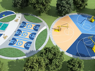 Outdoor Recreational Space Featuring Circular Design Colorful Sports Courts And Surrounding Trees 3d model