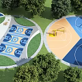 Outdoor Recreational Space Featuring Circular Design Colorful Sports Courts And Surrounding Trees