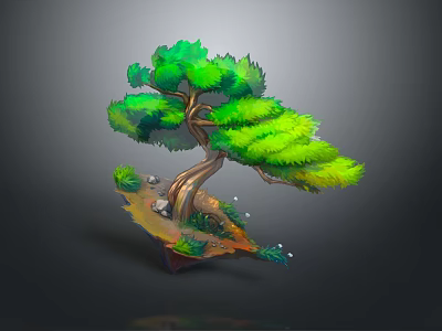 Colorful Cartoon Scene Featuring Curved Trunk Tree Green Leaves Small Stones And Tiny Plants 3d model