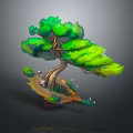 Colorful Cartoon Scene Featuring Curved Trunk Tree Green Leaves Small Stones And Tiny Plants