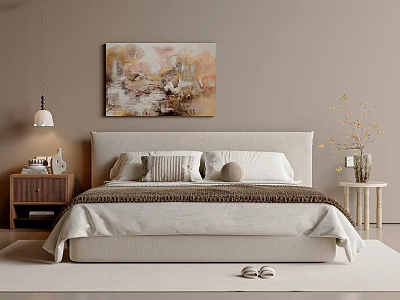Double Bed With Neutral Toned Bedding Decorative Pillows And Abstract Wall Art In Cozy Bedroom 3d model