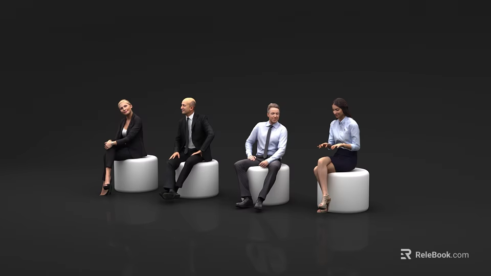 Four Professionals in Business Attire Sitting on White Round Stools Against Black Background 3d model 