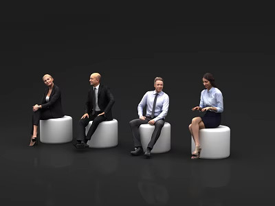 Four Professionals in Business Attire Sitting on White Round Stools Against Black Background 3d model