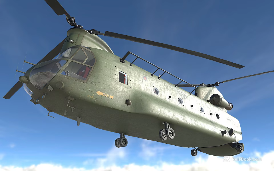 Green Military Transport Helicopter Flying With Landing Gear Extended In Blue Sky Clouds 3d model 