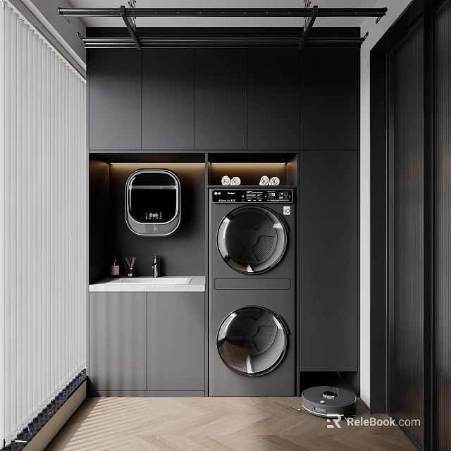 Modern Home Balcony With Washer Dryer Storage Cabinets Countertop And Lighting 3d model 
