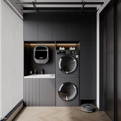 Modern Home Balcony With Washer Dryer Storage Cabinets Countertop And Lighting 3d model