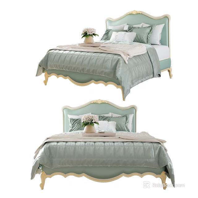 Elegant Double Bed With Carved Headboard Light Green Bedding And Decorative Pillows 3d model