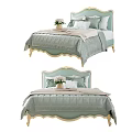 Elegant Double Bed With Carved Headboard Light Green Bedding And Decorative Pillows 3d model