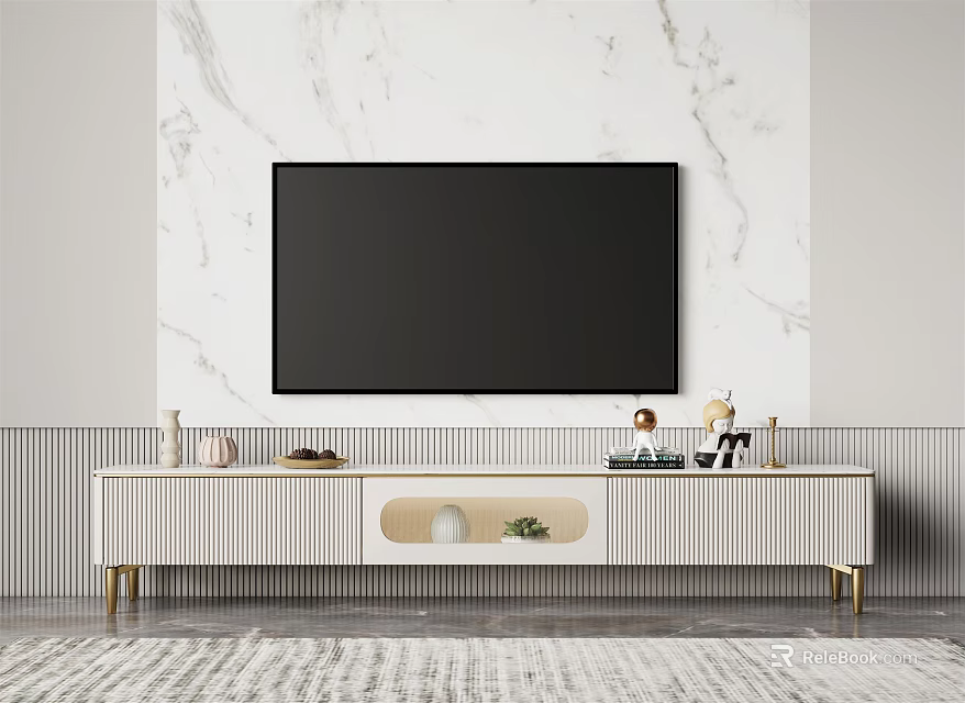 Stylish Striped TV Stand With Gold Legs And Decorative Items Against White Marble Wall 3d model 