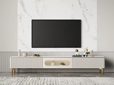 Stylish Striped TV Stand With Gold Legs And Decorative Items Against White Marble Wall 3d model
