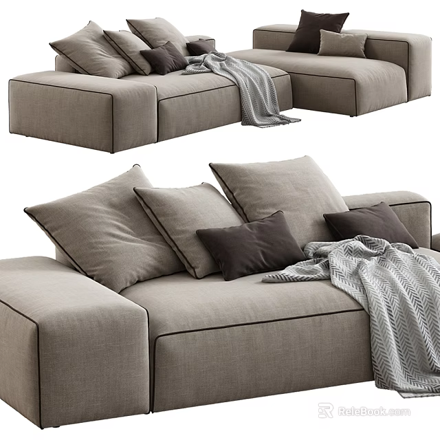 Comfortable Neutral Toned Sectional Sofa With Linen Fabric Decorative Pillows And Knitted Throw Blanket 3d model 