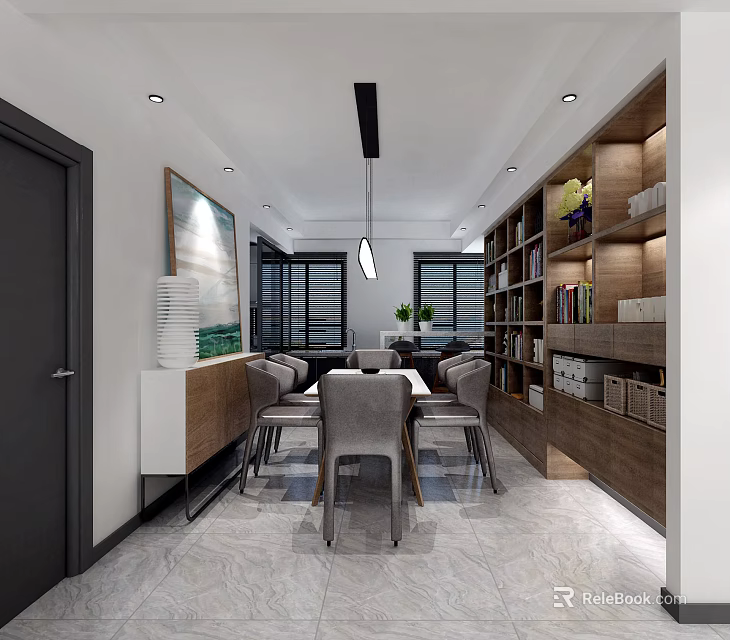 Modern Restaurant Interior With Dining Table Chairs Hanging Lamp And Bookshelves 3d model 