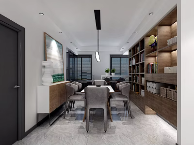 Modern Restaurant Interior With Dining Table Chairs Hanging Lamp And Bookshelves 3d model