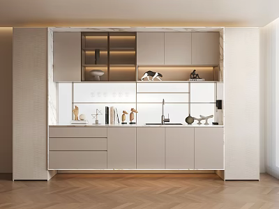 Elegant Modern Sideboard With Glass Front Cabinets Drawers And Countertop Decor In Contemporary Dining Room 3d model