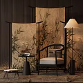 Elegant Bamboo Patterned Screen In Living Room With Accent Chair And Floor Lamp