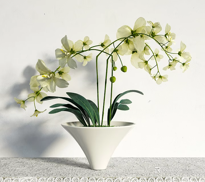 White Orchid Potted Plant In White Cone Shaped Pot With Green Leaves On Gray Tabletop 3d model 